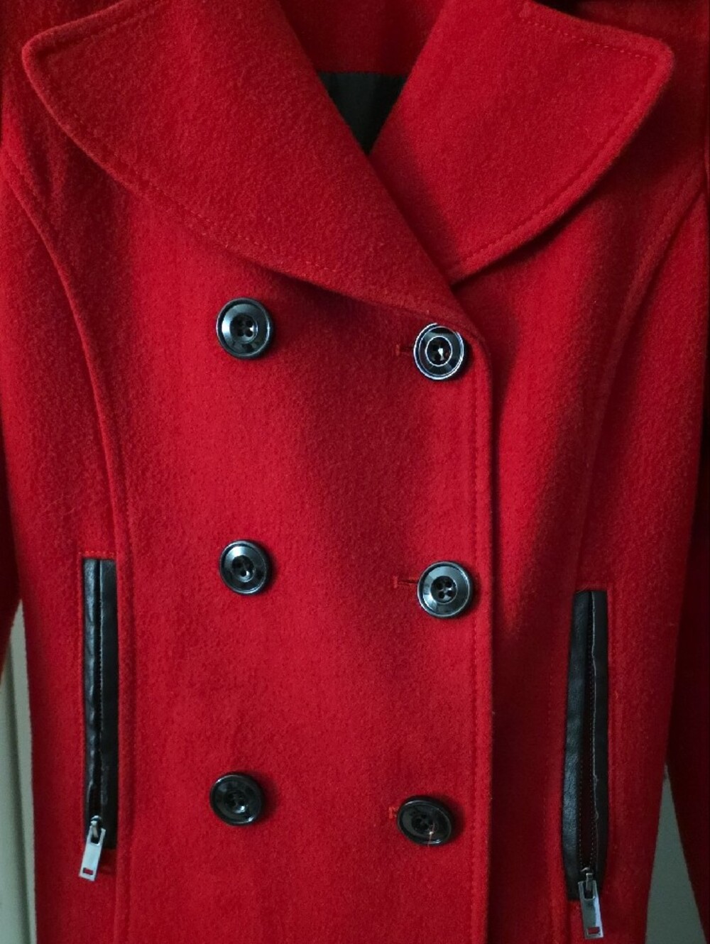 Black Rivet Red Double-Breasted Pea Coat - Picture 3 of 10